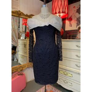 vintage 1980s Tadashi black lace cocktail dress off the shoulders organza s/m